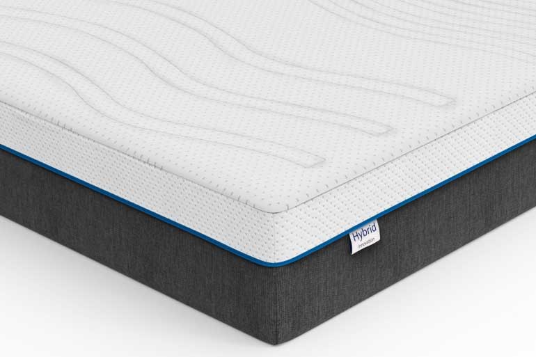 A mattress with a white cover and black border