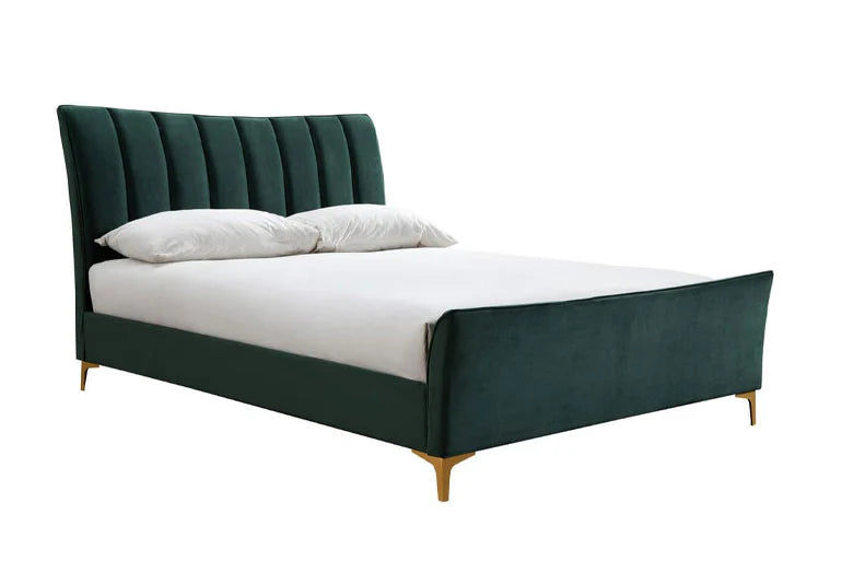 Green fabric bed with a curved headboard and footboard