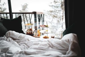 bedroom with a snowy winter scene