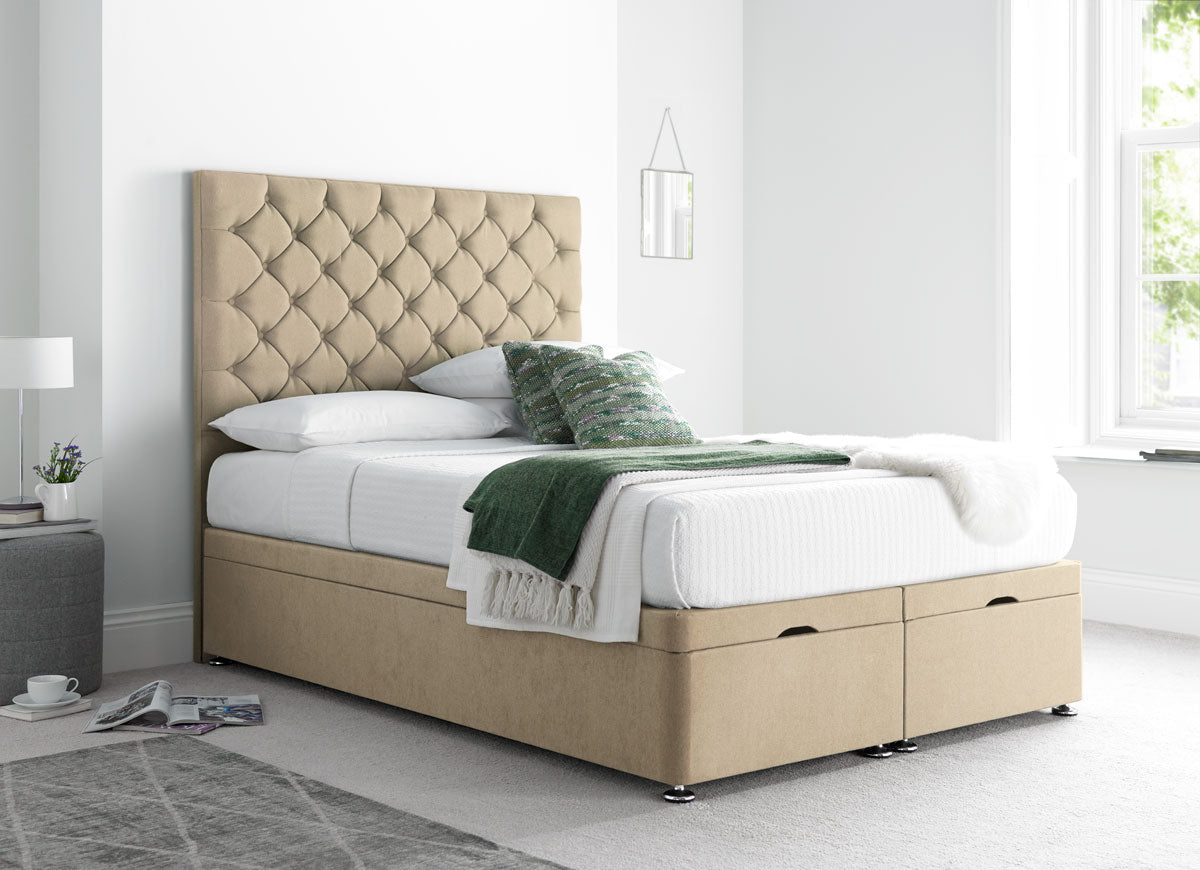 Button Divan Ottoman Bed in Beige Velvet