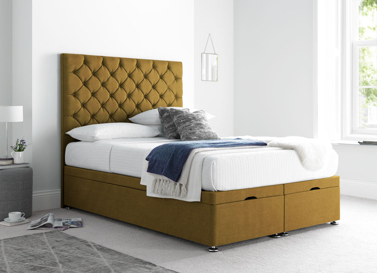 Button Divan Ottoman Bed in Mustard Velvet