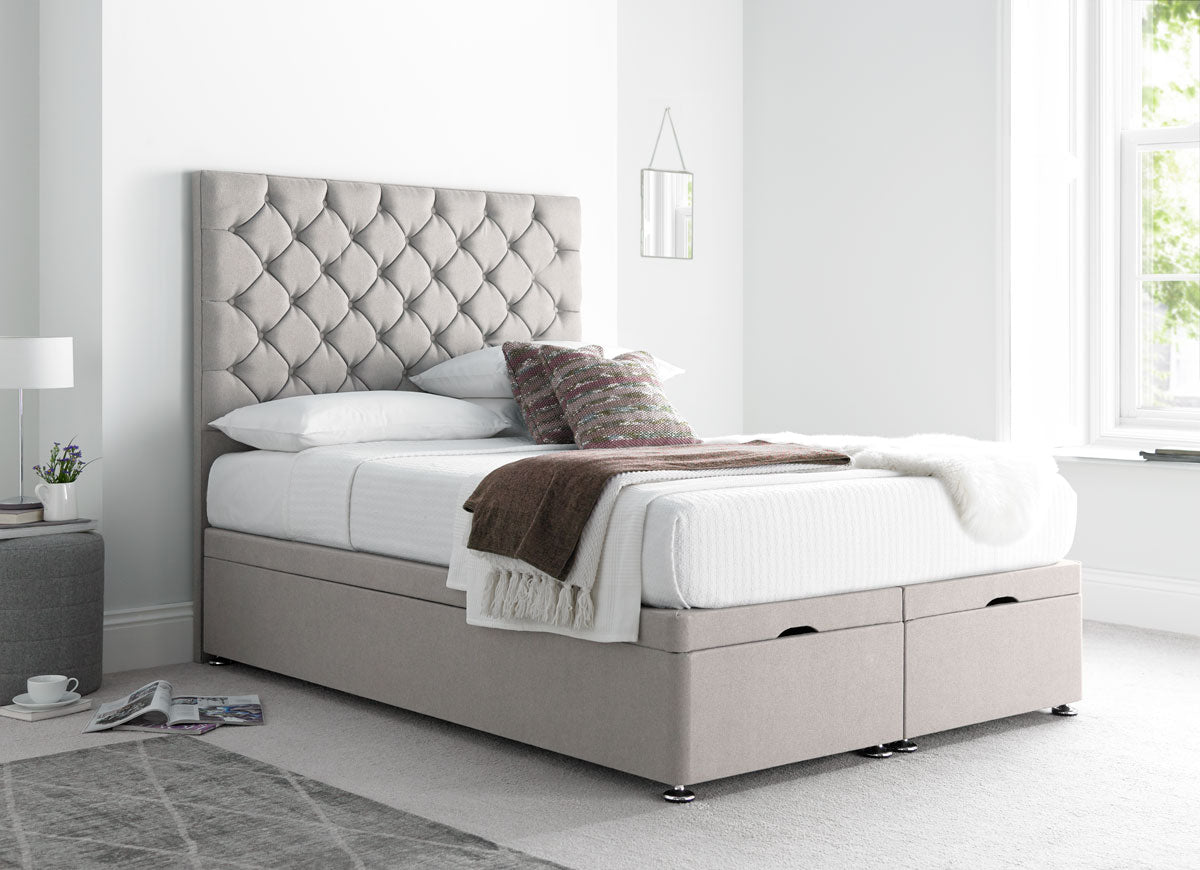 Button Divan Ottoman Bed in Plush Silver Velvet