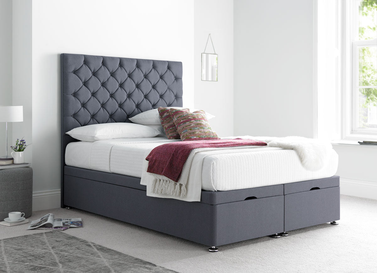 Button Divan Ottoman Bed in Plush Steel Velvet