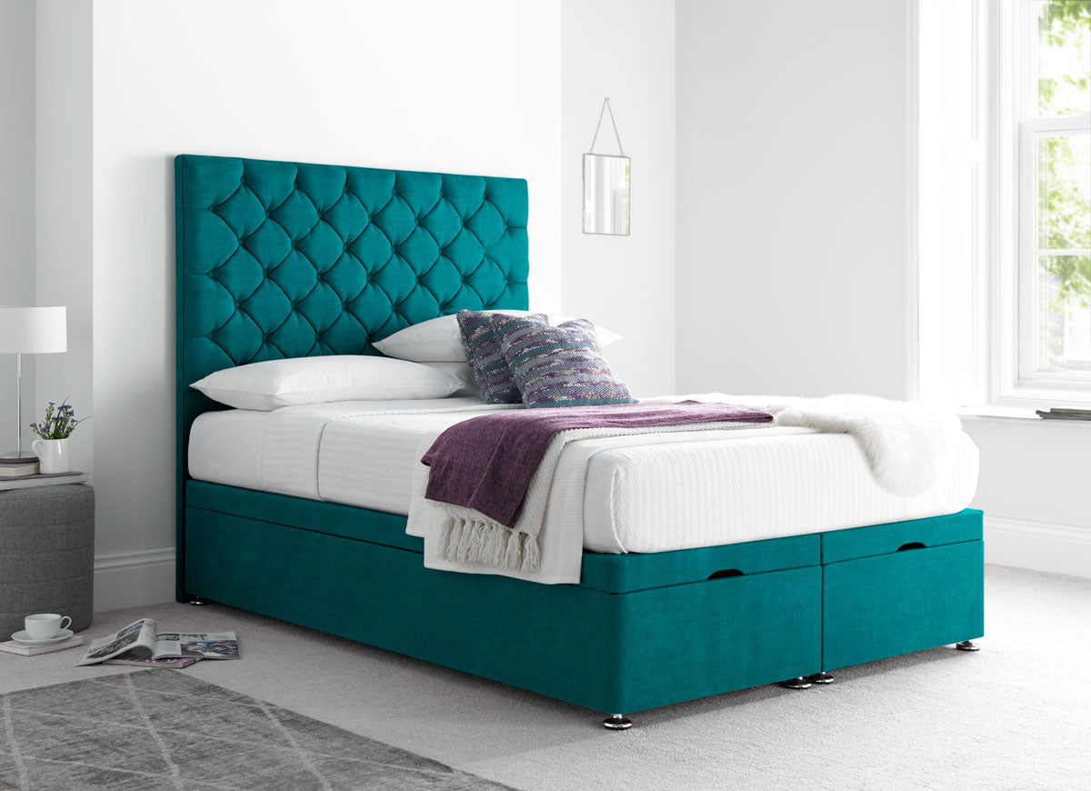 Button Divan Ottoman Bed in Teal Velvet